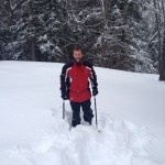 Standing in deep snow with snowshoe on good leg and snowshoes on my crutches.